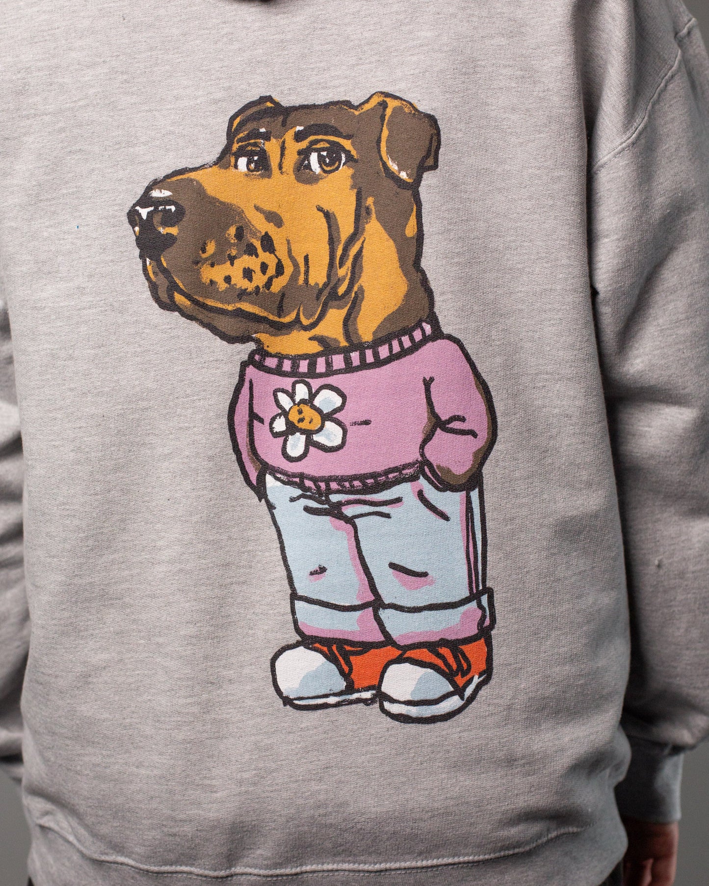 Detailaufnahme der Rückseite eines grauen Hoodies mit großem Print. Der Aufdruck zeigt einen anthropomorph dargestellten Hund mit ernster Miene, bekleidet mit einem rosa Pullover mit Blumenmotiv, hellblauer Jeans und roten Sneakern. Das Motiv ist comicartig illustriert und nimmt fast die gesamte Rückenfläche des Hoodies ein.